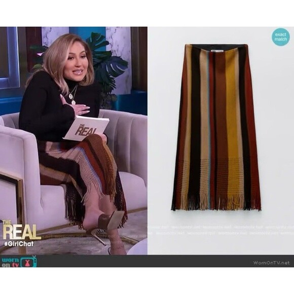 Zara Striped Knit Midi Fringe Skirt Zara Women's L Brown Neutrals Boho Fall Vibe - Picture 1 of 16